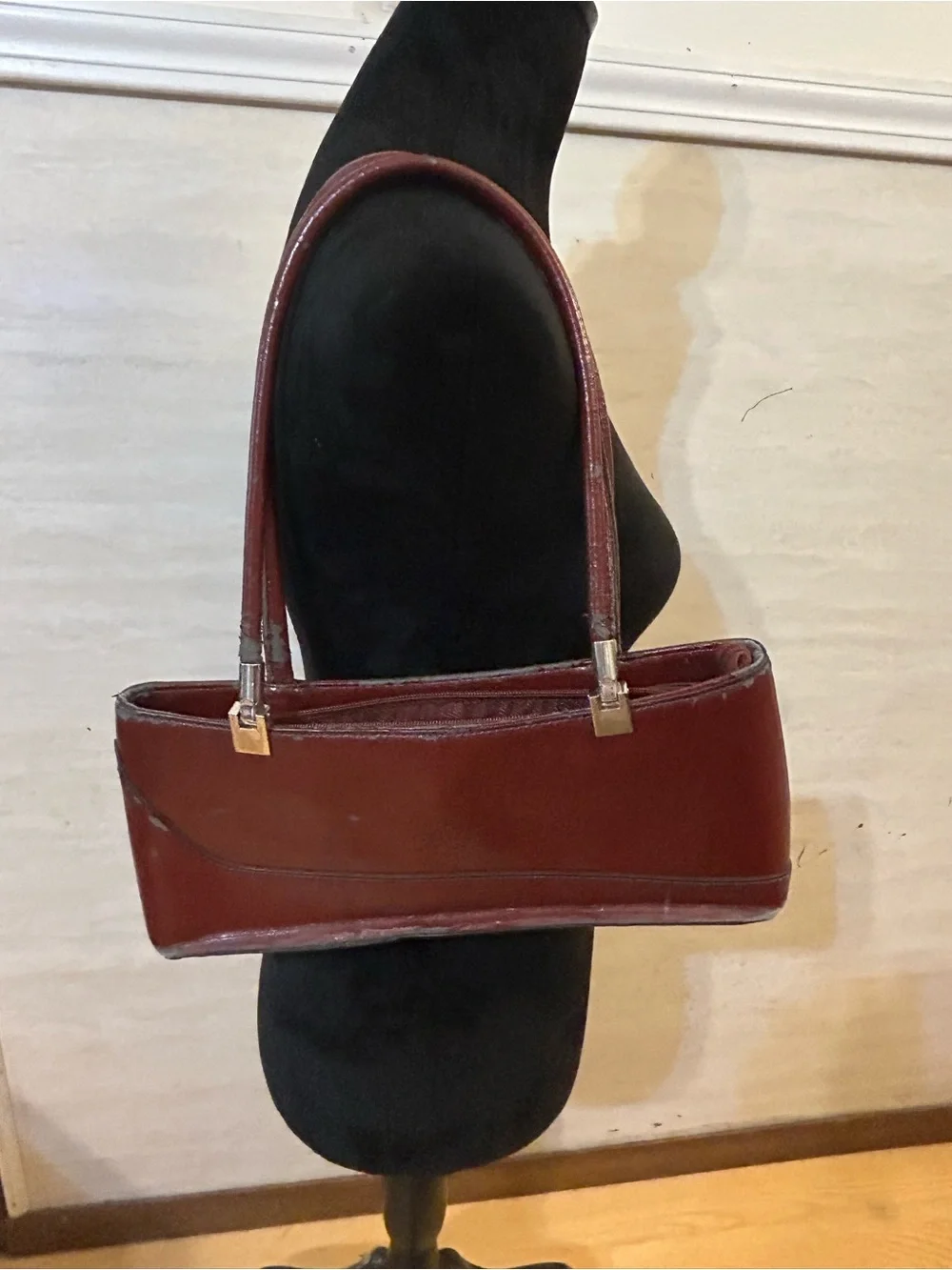 Vintage Designer Inspired Slim Burgundy Leather Shoulder Bag with Double Handles